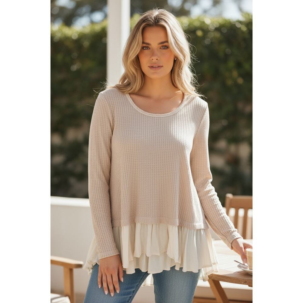 Kori America Beige Waffle Knit Layered Ruffle Hem Top M/L Boho